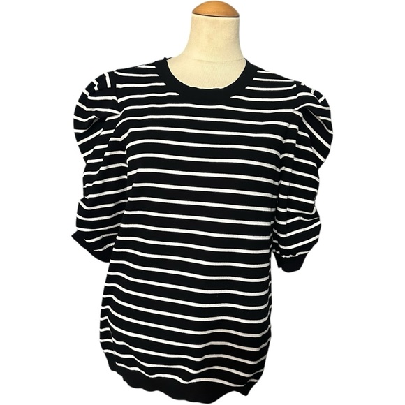 DKNY Crew Neck Striped Puff Sleeve Top Black White Size L - Picture 2 of 5